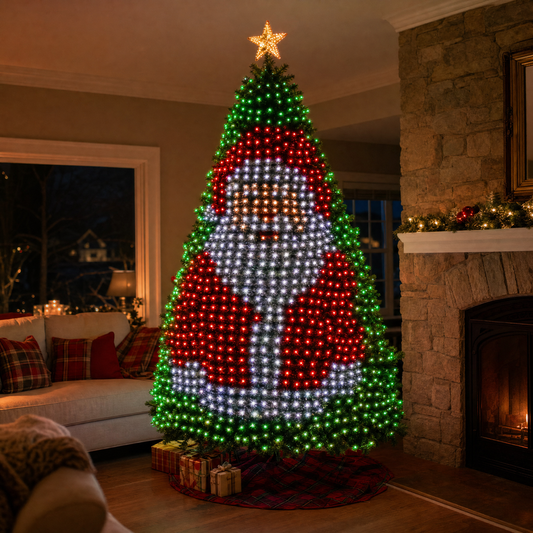 Christmas tree showing a bright pixel-art Santa Claus made of 400 smart LED lights in a warm living room